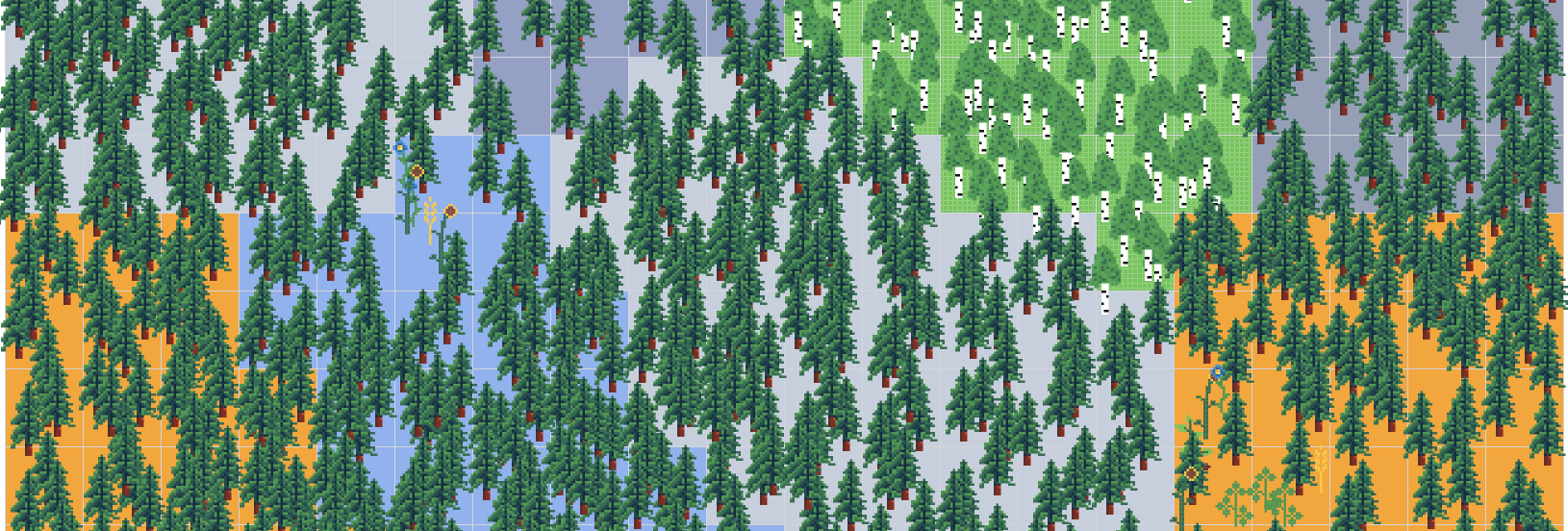 A top-down pixel-art view of a forested TileNosh world, dotted with sand, water and grassland biomes.